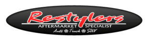 A Restylers  black and white, and red logo